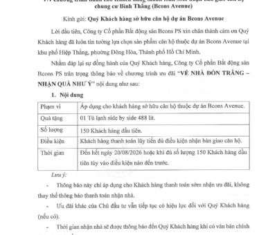 THÔNG BÁO VỀ CHƯƠNG TRÌNH DÀNH CHO KHÁCH HÀNG THANH TOÁN SỚM NHẬN BÀN GIAO CĂN HỘ CHUNG CƯ BÌNH THẮNG (BCONS AVENUE)