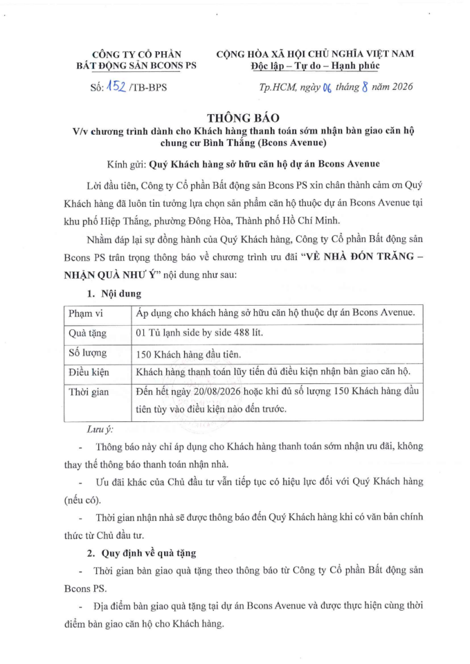 THÔNG BÁO VỀ CHƯƠNG TRÌNH DÀNH CHO KHÁCH HÀNG THANH TOÁN SỚM NHẬN BÀN GIAO CĂN HỘ CHUNG CƯ BÌNH THẮNG (BCONS AVENUE)