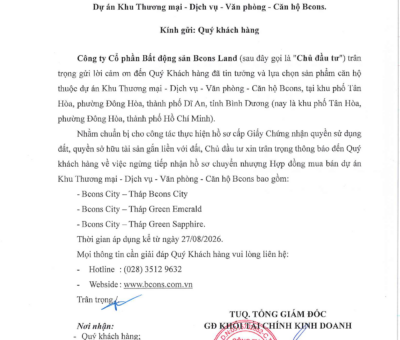 THÔNG BÁO VỀ VIỆC NGỪNG TIẾP NHẬN HỒ SƠ CHUYỂN NHƯỢNG DỰ ÁN KHU THƯƠNG MẠI – DỊCH VỤ – VĂN PHÒNG – CĂN HỘ BCONS