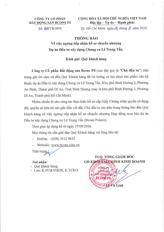 THÔNG BÁO VỀ VIỆC NGỪNG TIẾP NHẬN HỒ SƠ CHUYỂN NHƯỢNG DỰ ÁN ĐẦU TƯ XÂY DỰNG CHUNG CƯ LÊ TRỌNG TẤN