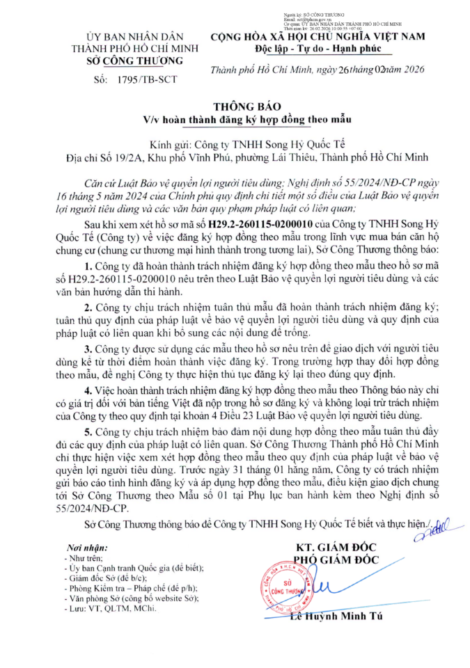 THÔNG BÁO VỀ VIỆC HOÀN THÀNH ĐĂNG KÝ HỢP ĐỒNG THEO MẪU CỦA CÔNG TY TNHH SONG HỶ QUỐC TẾ