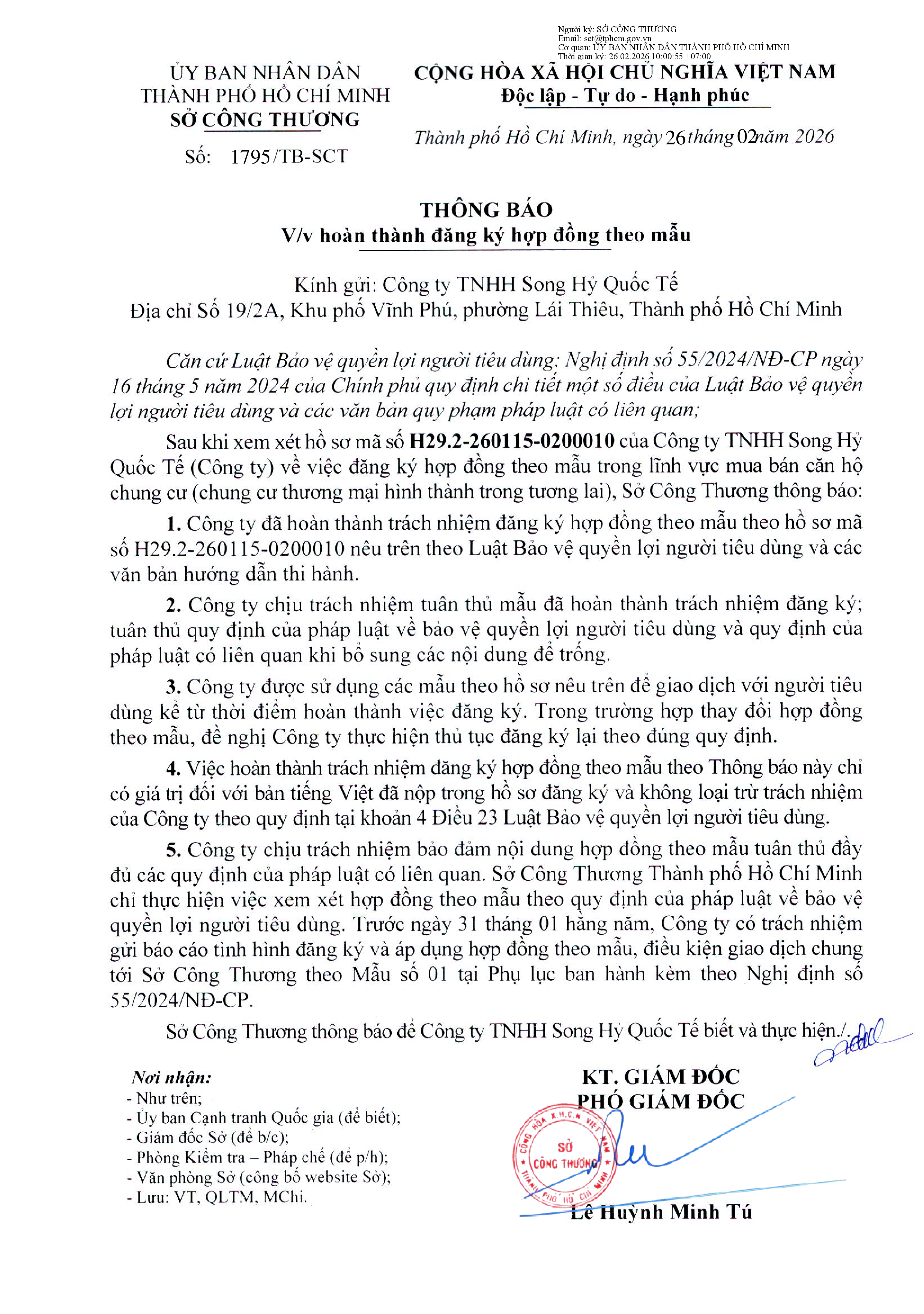 THÔNG BÁO VỀ VIỆC HOÀN THÀNH ĐĂNG KÝ HỢP ĐỒNG THEO MẪU CỦA CÔNG TY TNHH SONG HỶ QUỐC TẾ