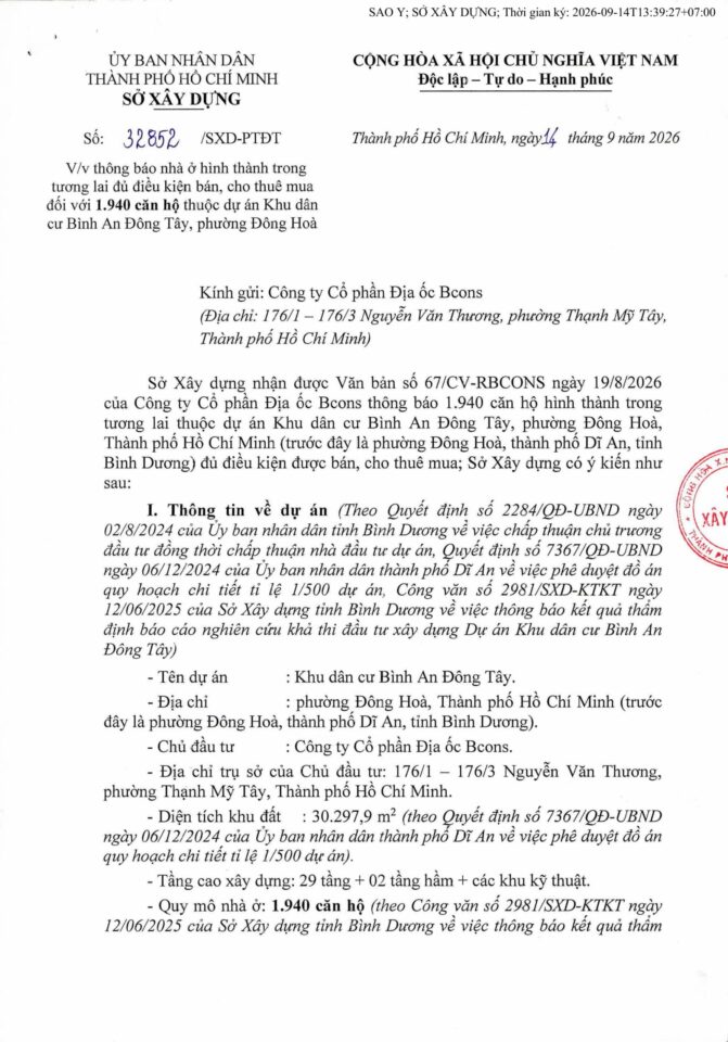 THÔNG BÁO VỀ VIỆC NHÀ Ở HÌNH THÀNH TRONG TƯƠNG LAI ĐỦ ĐIỀU KIỆN BÁN, CHO THUÊ MUA ĐỐI VỚI 1.940 CĂN HỘ THUỘC DỰ ÁN KHU DÂN CƯ BÌNH AN ĐÔNG TÂY, PHƯỜNG ĐÔNG HÒA