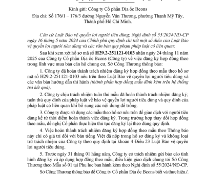 THÔNG BÁO VỀ VIỆC HOÀN THÀNH ĐĂNG KÝ HỢP ĐỒNG THEO MẪU, ĐIỀU KIỆN GIAO DỊCH CHUNG CỦA CÔNG TY CỔ PHẦN ĐỊA ỐC BCONS
