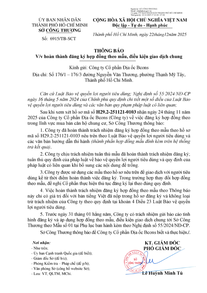 THÔNG BÁO VỀ VIỆC HOÀN THÀNH ĐĂNG KÝ HỢP ĐỒNG THEO MẪU, ĐIỀU KIỆN GIAO DỊCH CHUNG CỦA CÔNG TY CỔ PHẦN ĐỊA ỐC BCONS