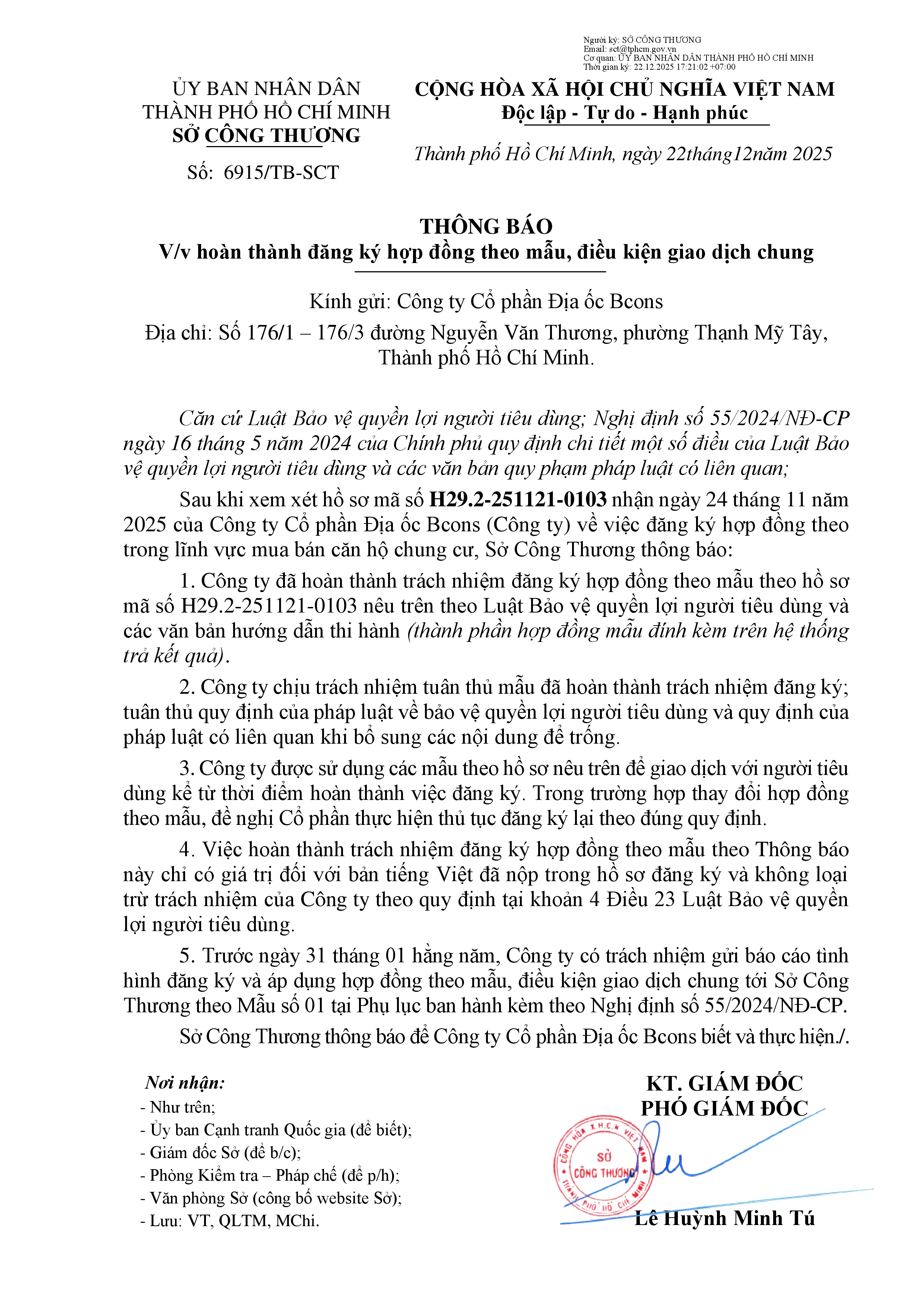 THÔNG BÁO VỀ VIỆC HOÀN THÀNH ĐĂNG KÝ HỢP ĐỒNG THEO MẪU, ĐIỀU KIỆN GIAO DỊCH CHUNG CỦA CÔNG TY CỔ PHẦN ĐỊA ỐC BCONS