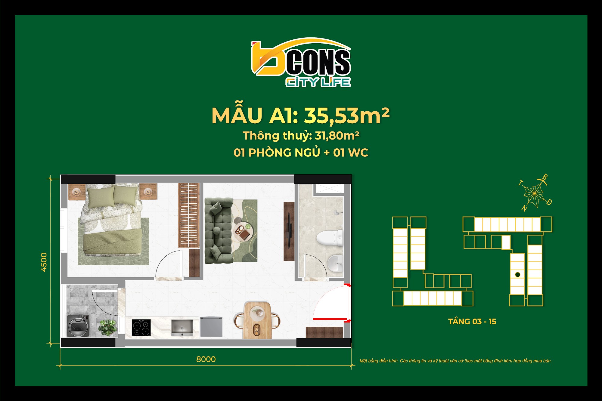 Căn hộ mẫu A1 · 34 – 35 m²